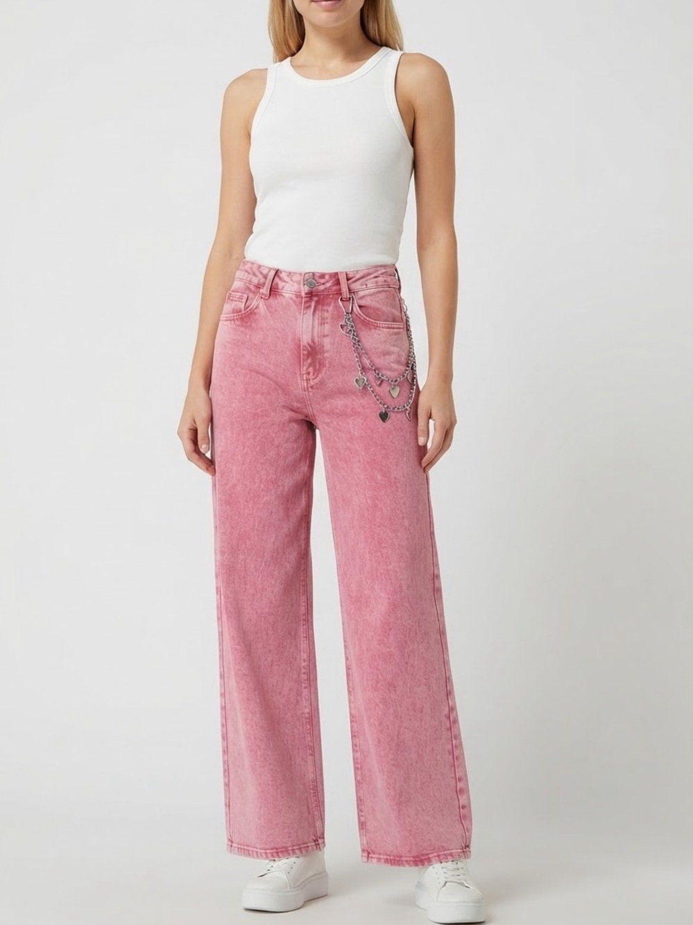Weekend Gypsy Pink Acid Wash Chain-Detail Wide-Leg Jeans 5/27